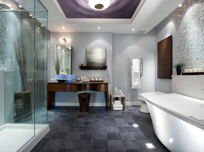 Blue Grey Bathroom Vanity With Patterned Tile